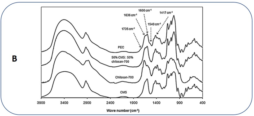 Figure 5B: FTIR spectra of CMS, CHI, CMS-CHI (50:50) blend and PEC in KBr disks [42].