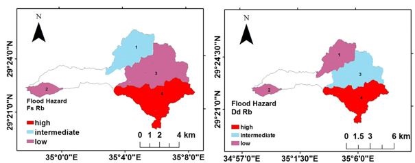 : Flash flood risk assessment according to El-Shamy model relationship between bifurcation and stream frequency (left) and relationship between bifurcation and drainage density (right).